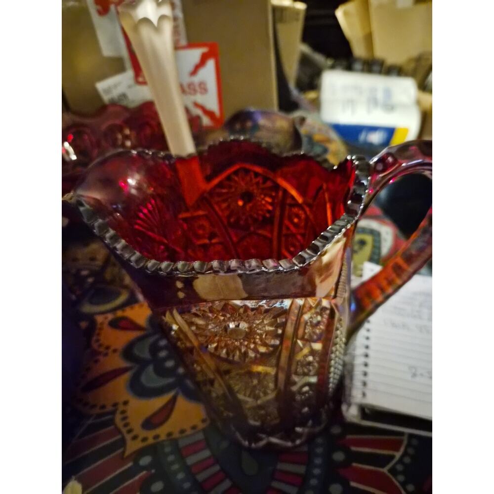 Vintage Indiana Glass Heirloom Pattern Water Pitcher In Sunset Amberina Red...